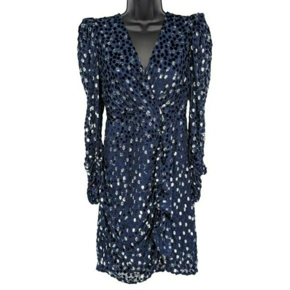 Kate Spade Scatter Dot Dress 6 Navy Silver Faux Wrap Ruffle Velvet Long Sleeve - Picture 13 of 14
